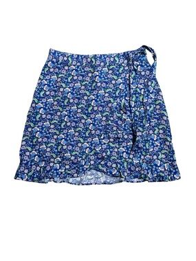 LOFT Size 6 Blue Floral Linen Blend Wrap Ruffle Mini Skirt